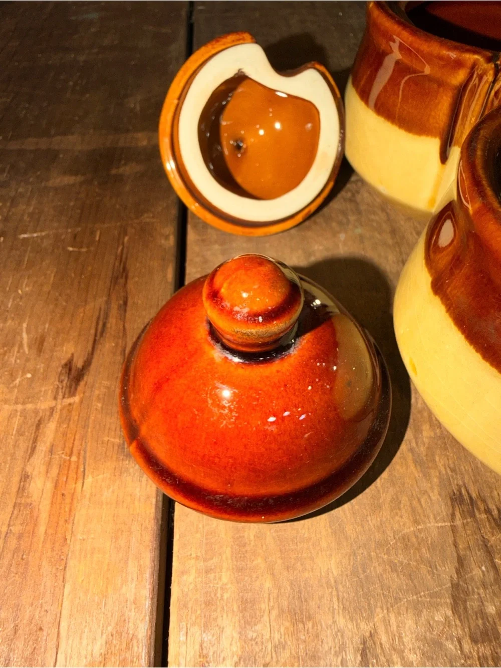 Vintage Two-Piece Ceramic Condiment Set in Brown and Yellow